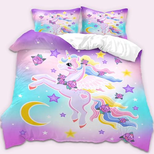 TULTOAP Bettwäsche Einhorn 135 x 200cm Rosa Mädchen Bettwäsche Set Süßer Cartoon Regenbogen Einhorn Motiv Bettbezug mit Kissenbezug (A, 135 x 200 cm)