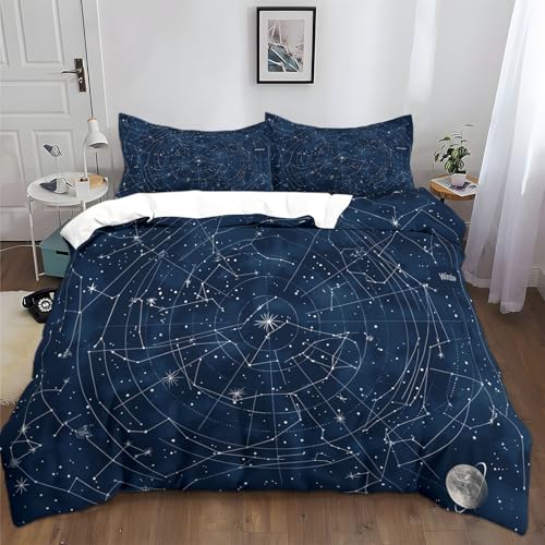 Bettwäsche-Sets 135x200cm Sternenkarte des Nachthimmels Sternbilder Blau Bettwäsche 3 Teilig, Weich Atmungsaktiv Polyester-Baumwolle Bettbezug Set mit Reißverschluss, 2 Kissenbezüge 80x80 cm