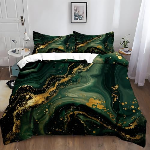 XCQHZYQ Bettwäsche 3teilig 180x200 cm Marmor Gold Dunkelgrün Bettbezug mit 2 Kissenbezug, Bettwäsche Set Polyester Baumwolle mit Reißverschluss, weich und bügelfrei