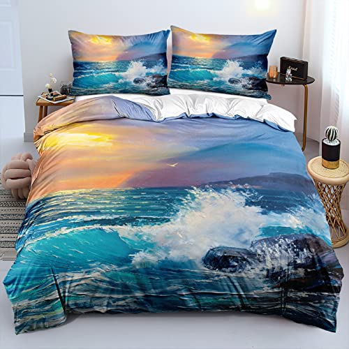 DXHOME Maritime Bettwäsche 135x200 3D Meer Sonnenuntergang Blau Wendebettwäsche Ozean Wellenmuster Komfort Mikrofaser Bettwäsche 2er Set für Schlafzimmer mit Reißverschluss und 80x80 cm Kissenbezug