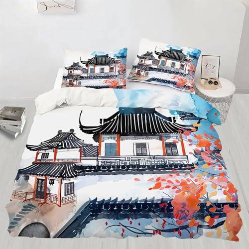 Bettwäsche 135x200 Japanischer Stil Bettbezug 3D Druck Orientalisches Asien Bettbezüge Kuschelig Weich Mikrofaser Deckenbezug 135x200 cm mit Reißverschluss + 2 Kissenbezüge 80x80 cm D-3334