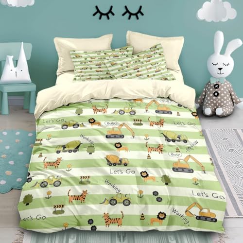 ZKTCYC Bettbezug Set Löwe Tiger Cartoon Auto Bettwäsche 155x220 Kinder Junge Mädchen Erwachsene Bettwäsche Sets Grüne Streifen Kinderbettwäsche aus Mikrofaser mit Kissenbezug 80x80 cm