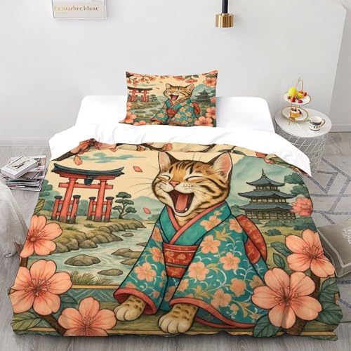 Japanische Katze Bettwäsche Single?135x200cm? Süße Tiere 3D Gedruckt, Für Teenager Und Kinder Japanischer Stil Bettbezug, Und Kissenbezug Weich Mikrofaser Bettwäsche
