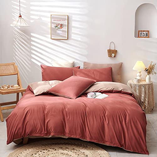 Damier Bettwäsche 155×220cm Rosa Altrosa Beige Unifarben Deckenbezug Superweiches Microfaser 2 Teilig Bettbezug Set mit Verdecktem Reißverschluss und Kopfkissenbezug 80 × 80 cm