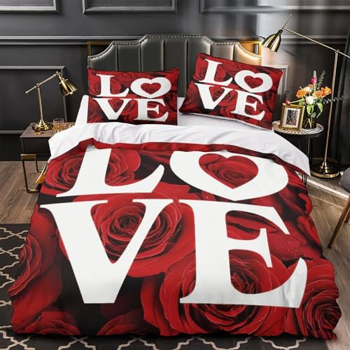 Romantisches Rosen-Bettwäsche-Set, 3D-Digitaldruck, Mikrofaser, farbecht, Valentinstag-Design, Bettbezug, 2 Kissenbezüge, Reißverschluss, für Jungenzimmer, Super-Kingsize-Bett (260 x 220 cm)