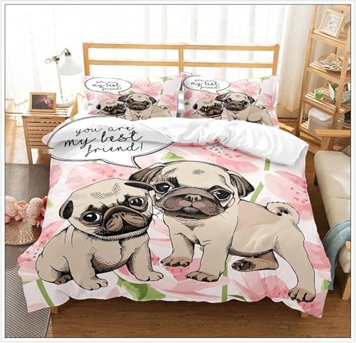 Generisch Bettwäsche 140x200 Mops Bettwäsche-Sets 3D Prin-Kinderbettwäsche 140x200 cm – Mikrofaser-1Bettbezug + 1 Kissen 70x90, für Mädchen Jungen weich & pflegeleicht 5W11Q30555