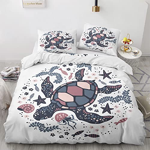 VOSILE Meeresschildkröte Bettwäsche 200x200, Maritimes Thema Muster - Weiche Microfaser Bettwäsche-Sets 3 Teilig - 1 Bettbezug mit Reißverschluss + 2 Kissenbezug 80x80 cm