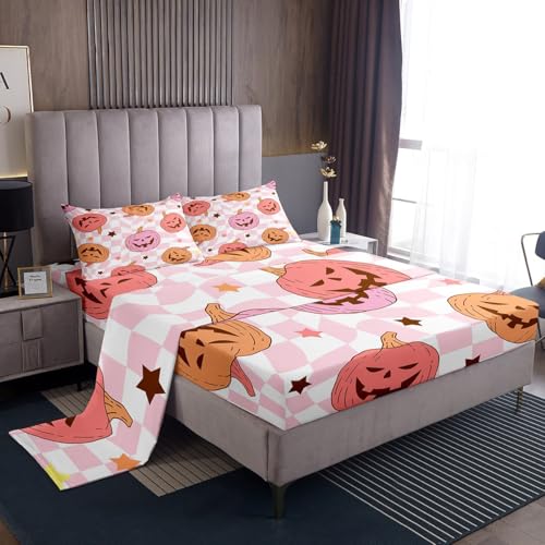 Feelyou Pinkes Halloween-Bettwäsche-Set , Halloween-Dekor, Bettwäsche-Set für Kinder, Jungen, Mädchen, Kürbis, tiefes Spannbetttuch, Süßes oder Saures, atmungsaktiv, weich, leichte Mikrofaser