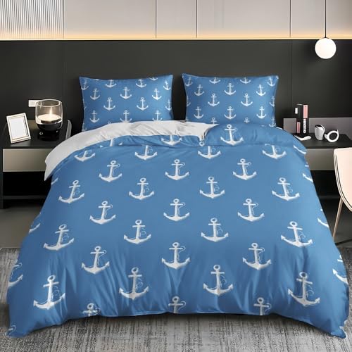 3 Teilig Bettwäsche 240x220 cm Cartoon Minimalist Anker Weiche Microfaser Bettdeckenbezug für Erwachsene Kinder Blau Bettbezug Set und 2 Kissenbezüge 80x80 cm für Doppelbett