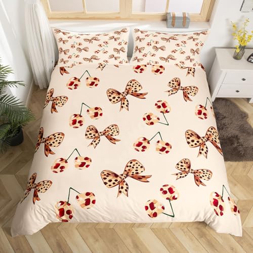 feelingyou Hübscher Schleifenknoten Kinder Bettdecke S Größe Mädchen Leopard Druck Krawatte Decken Abdeckung für Schlafzimmer Kawaii Kirsche Bettwäsche Set(1 Kissenbehälter)