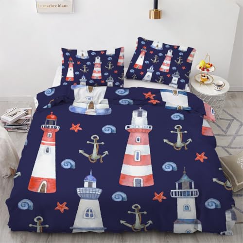 MARBRE 3D Bettwäsche Leuchtturm 135x200 cm 2teilig 100% Mikrofaser Kinderbettwäsche Anker Wendebettwäsche mit Reißverschluss Bettwäsche-Sets mit Kissenbezüge 80x80(Image 16-1)