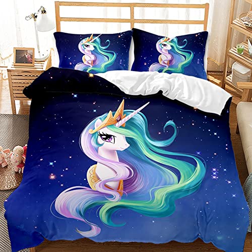 AOXHFNV Einhorn Mädchen Blaues Bettwäsche Set 135x200cm Süßer Einhorn-Stern-Mond-Muster Bettbezug Einhorn Bettwäsche für Kinder, Jungen und Mädchen (Blau, 135 x 200 cm)