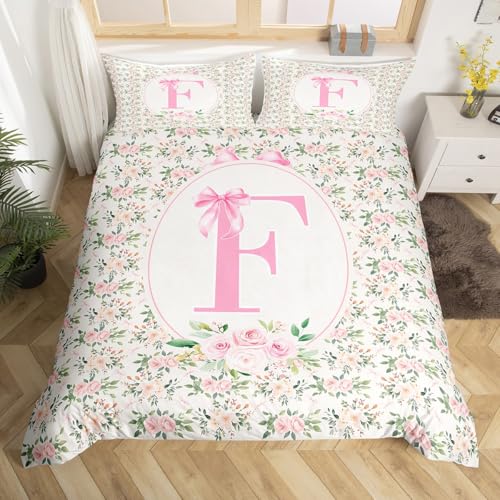Homewish Krawatte bettbezug für Kinder Buchstabe F Bettwäsche 135x200cm Mädchen Frauen Preppy Kawaii Coquette Rosa Bogen Bettwäscheset Mädchen Prinzessin Rose Blätter bettset 2 teilig weich