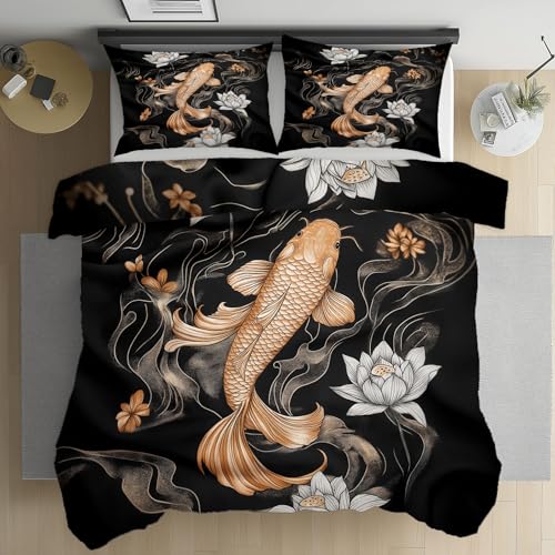 Cendppdj Gold Karpfen Lotus Bettwäsche 135x200 cm, Japanische Aesthetic Mikrofaser-Bettbezug, Oriental Tradition Duvet Cover Wendebettwäsche Mit Reißverschluss Und 2 Kissenbezüge