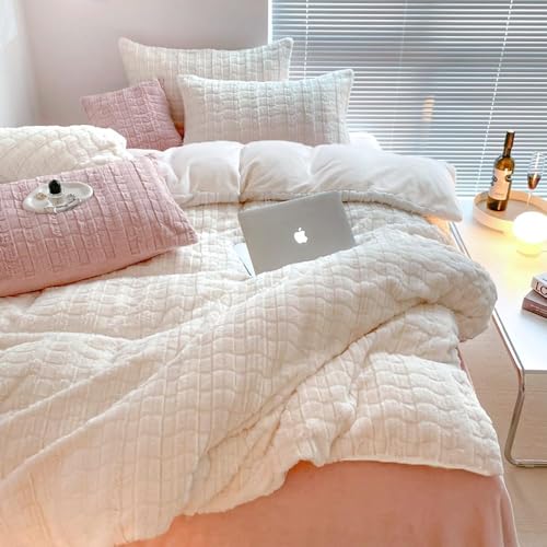 Covebett Warme Bettwäsche 200x200 Creme Weiß Winter Flauschig Plüsch Cashmere Touch Bettbezug Kariert Coral Fleece Flanell Wendebettwäsche Set 3 Teilig mit Reißverschluss and 2 Kissenbezüge 80x80 cm