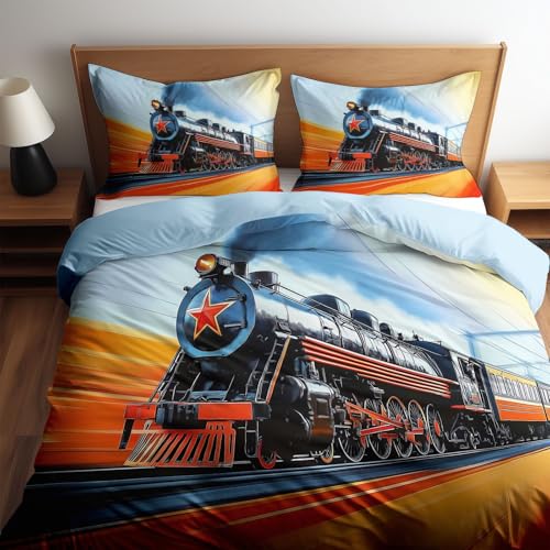 Bettbezug Set 155 x 220 cm Hellblau Bettwäsche 3Teilig, Oldtimer Zug Alter Dampfzug Bettbezug Mikrofaser mit 2 Kissenbezüge 80 x 80 cm, Weiche Allergiker Bettdeckenbezug
