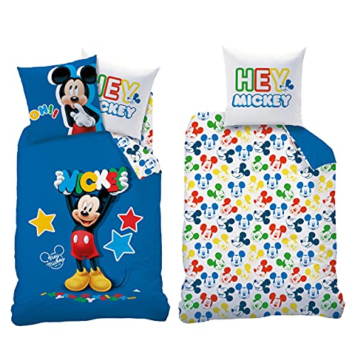 BERONAGE Mickey Mouse Bettwäsche-Set Story Blau 135 x 200 cm + 80 x 80 cm 100% Baumwolle Renforcé-Linon-Qualität Disney Wunderhaus Clubhaus Donald Duck Minnie Maus Deutsche Größe Reißverschluss