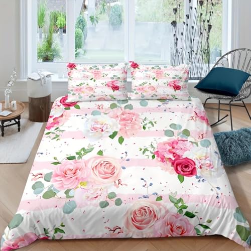 Ypthriline Bettwäsche 135x200 Rose Bettwäsche Set Romantisch Bettbezug 3 Teilig mit Reißverschluss, Super Weich, Premium Mikrofaser Bettwäsche-Sets mit 2 Kissenbezug 80x80 cm