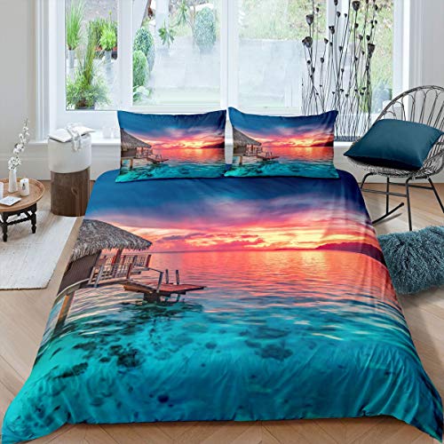 Nautisches Dekor Bettwäsche Set 135x200cm Sonnenuntergang Ozean Bettbezug Set für Kinder Winter Ozean Themen Betten Set Meereslebewesen Meer Szene Weich 2St