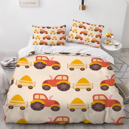 Generisch 3D Cartoon Traktor Bettwäsche 200x200 cm 3teilig Cartoon LKW Bettbezug mit Reißverschluss 100% Mikrofaser Leicht Atmungsaktive Bettwaren Set mit 2 Kissenbezüge 50x75?Muster 45-20?