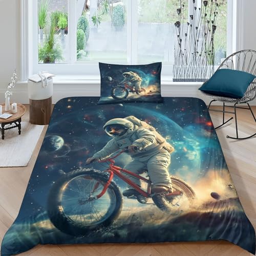 WXMMoney Astronaut auf Fahrrad bedrucktes Bettdeckenbezug-Set, 3D-Bettwäscheset mit manueller Anpassung, Bettbezug-Set für Kinder, Teenager, Jungen und Mädchen, Einzelbett (135 x 200 cm)