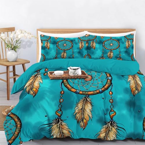 Bettwäsche 200x200 cm, Traumfänger Federn Perlen Bettwäsche Set 3 Teilig Weich Gemütlich Mikrofaser Türkis Wendebettwäsche Bettbezug, Böhmen Ethnizität Bettbezug mit Reißverschluss und Kissenbezug