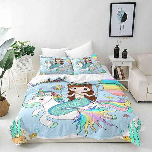 ANHOPE Prinzessin Meerjungfrau Einhorn Bettwäsche Set 2 Teilig Bettbezug 135x200 cm & Kissenbezug 65x65 cm Microfaser Bettbezüge Set mit Reißverschluss Bettdeckenbezug für Kinder Mädchen