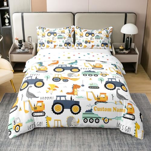 Homewish Bagger Cars Kinder Benutzerdefinierter Name Baumwolle Bettwäsche 200x200 Tiere Dino Mädchen Junge Bettbezug Cartoon Traktor Bagger Kran Zugmaschine Bettwäsche Set LKW Fahrzeuge Bedding