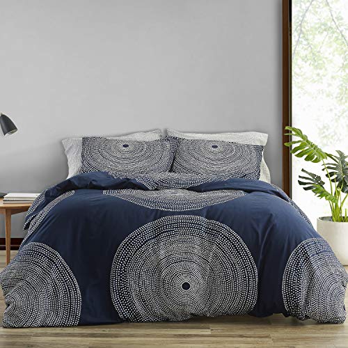 MARIMEKKO Bettbezug-Set, Glatte Baumwoll-Perkal-Bettwäsc he mit passendem Kissenbezug, leichte Wohnkultur, 3-teilig, Queen-Size-Bett, Marineblau