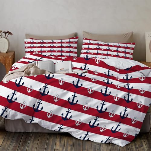 JEDTAKCT Einfache Gestreifte Flagge Bettwäsche 135X200Cm Kinder Winter Weiche Mikrofaser Wendeoptik Bettbezug Nautischer Anker Jungen Mädchen Bettwäsche-Set Rot-Weiß 3D Bettbezüge Mit Kissenbezug