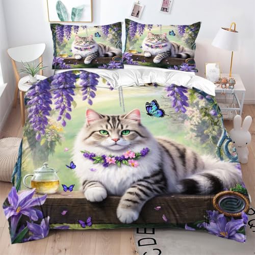 Gumntun Bettwäsche-Set für Super-King-Size-Betten, Motiv: violette Tiere, Katze, Mädchen, maschinenwaschbar und pflegeleicht, Bettbezug, ultrafeine Faser, umhüllt mit Reißverschluss, 220 x 260 cm