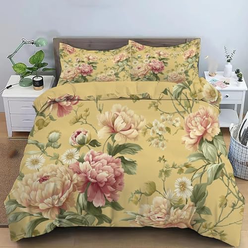 LUYAPOND Peony Bettwäsche 200x200 Elegant Bettbezug 200x200 3 Teilig, Schließung Weich Atmungsaktive Mikrofaser Bettwäsche-Sets mit Reißverschluss und 1 Kissenbezug 80x80 cm