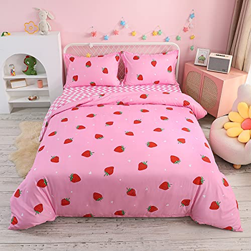 Loussiesd Mädchen Erdbeere Bettwäsche Set für Kinder Frauen Erdbeere Streifen Reversibel Bettwäsche 155x220cm Niedliche Früchte Muster Bettbezug Set Rosa mit 1 Kissenbezug 80x80cm Atmungsaktiv Leicht