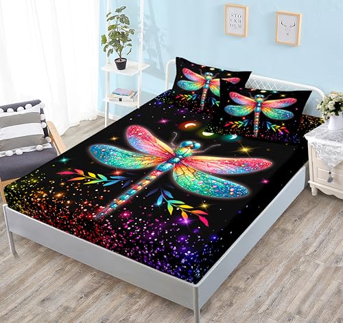 HOSIMA Libellen-Queen-Bettwäsch e-Set, leuchtende Libellen, bunte Blätter mit Sonne und Mond, Spannbetttuch für Mädchenzimmer, leichte ästhetische Bettwäsche, 1 Spannbetttuch + 2 Kissenbezüge