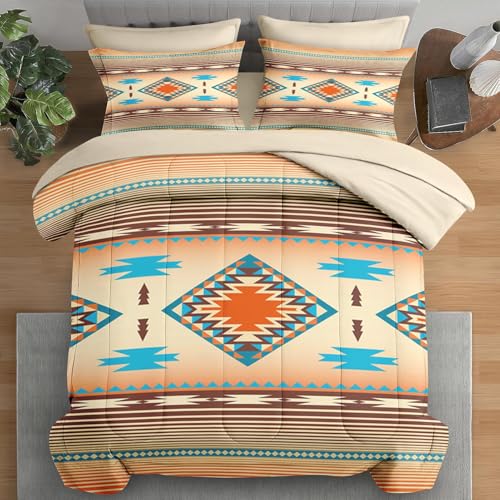 Pamnest Bettwäsche-Set für Doppelbett, Southwest Western Geometrisch, 5-teilig, Bettwäsche für Kinder und Erwachsene, Mexiko-Streifen, türkis, Bettlaken-Sets mit Spannbetttuch, Kissenbezug und