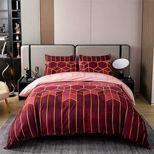 Shamdon Home Collection Bettwäsche 200X200, Geometrischen/Marmor Muster Bettbezug Set und 2 Kissenbezüge 80x80cm, 3 teilig Weiche Flauschige Bettwäsche Set mit Reißverschluss,Weinrot