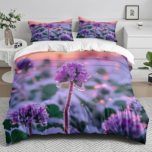 Bettdecke 140x200 Violette Tauperlen Blumen Bettdecke Polyester Waschbar enthalten Kissenbezug 80x80 Bettdecken Weiche Atmung Bettbezug mit Reißverschluss Bettwäsche-Sets