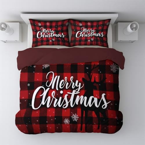 Bettwäsche 155 x 220 cm Weinrot - Argyle Schneeflocke Frohe Weihnachten Bettwäsche-Sets Bügelfrei Weiche Hochwertige Stoffqualität Bettbezug für Sommer und Winter mit Reißverschluss, 2 Kissenbezüge