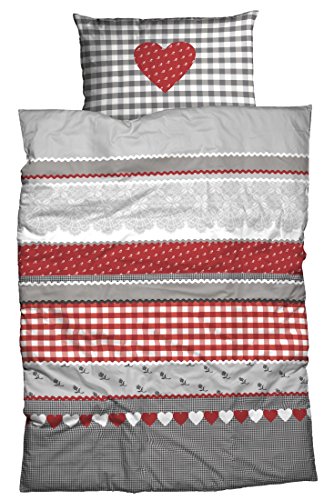 Casatex Bettwäsche Herz Karo Biber Silber-rot Größe 1x 155x220 cm + 1x 80x80 cm