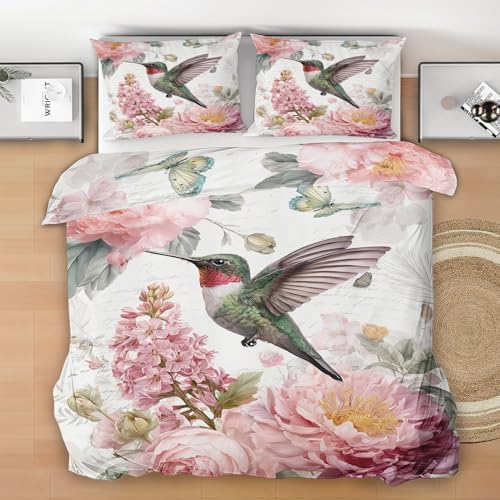 Generisch Kolibri Bettwäsche 135x200, 2 Teilig Bettbezug, Rosa Blume Mikrofaser Bettwäsche-Set mit 1 Kissenbezüge 80x80 cm, Aquarell Deckenbezug mit Reißverschluss K45c