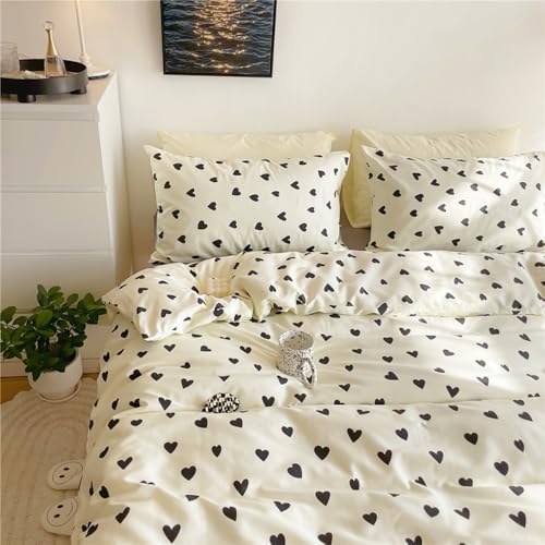 Covebett Herz Bettwäsche 220x240 Schwarz Weiß Herzen Muster Aesthetic Bettbezug Set Romantisch Herzchen Schwarz Weiss Herzmuster Microfaser Deckenbezug mit Reißverschluss und 2 Kissenbezug 80x80cm