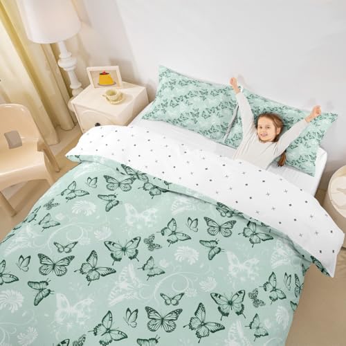 Schmetterling Kinder Bettdecke Set S Größe, Blumen Tier Blume Retro Mädchen Jungen Bettwäsche Set, Trendy Traumromantische Zimmerdekoration, grüne weiße Quilt-Abdeckung, 1 Kissenbezug (Keine Decke)