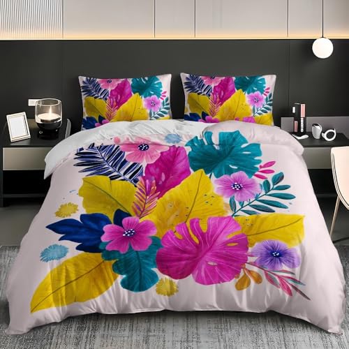 Bunte Tropische Pflanzen Bettwäsche Set 200x200 cm 3 Teilig, Weich Mikrofaser Pink Bettbezug und 2 Kissenbezüge 80x80, Kein Bügeln und Verblasst Nicht Bettbezüge Set Für Familien, Kinder