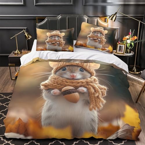 RJAVAGFZL Niedliche Herbstmaus 3D-Bedruckt 3er-Set Bettdeckenbezug Stofftierstil Kuschelbezug Mikrofaser Hypoallergen Reißverschluss für Kleinkinder Mädchen Erwachsene Single?140x200cm?