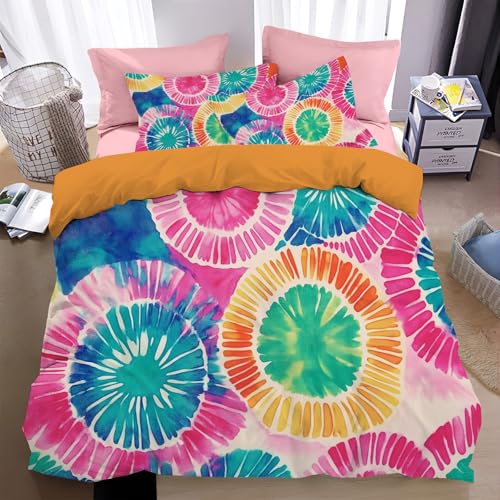 Bettwäsche 240*220cm Rosa Ästhetik der modernen Batik-Kunst Bettbezug Set 3 Teilig Abstraktes großes Kreismuster Blümchen Blumenmuster Weich Bettwäsche-Sets mit 2 Kissenbezüge und Reißverschluss