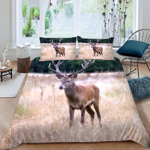 Hirsch Bettwäsche 135x200 Elch Bettwäsche Set, 3D Bettbezug Set Weich Microfaser Bettbezüge 2 Teilig Tiere Wendebettwäsche für Einzelbett, mit 1 Kissenbezug m7273