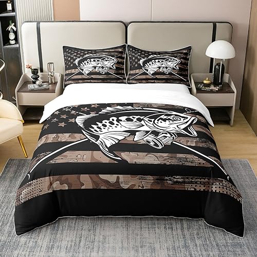 richhome 100% Baumwollsee Fisch Bettbezug 135x200 für Jugend, Seeufer Angeln Outdoor Camping Abenteuer Tröster Abdeckung, Vintage amerikanische Flagge Holz Die Saison Bettwäsche