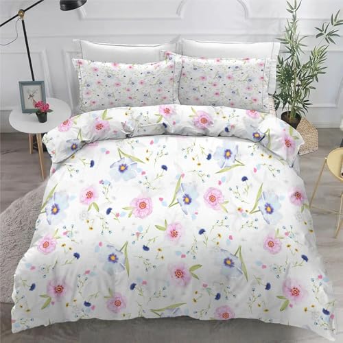 Bettwäsche 180x200 3teilig Blumen Mikrofaser Bettbezug Elegant Bettwäsche-Sets mit 2 Kissenbezüge 80x80cm, Wendebettwäsche Bedding mit Reißverschluss
