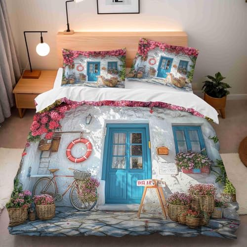 Bettwäsche 200x200 Mediterraner Stil Bettwäsche-Sets Atmungsaktive Angenehme Bügelfrei Microfaser 3D Bettbezug Landhausstil mit Reißverschluss und 2 Kissenbezüge b-6704