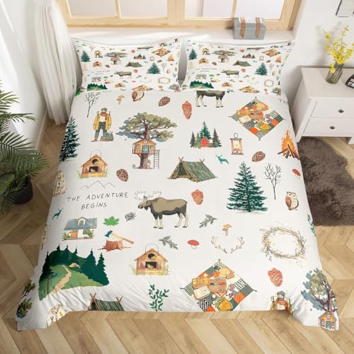 Bettwäsche Cartoon Camper, Einzelbett, Dschungel Abenteuer, Reise, Wilde Elche, Tiere, Bergbäume, Bettbezug für Kinder, Jungen, Teenager, Männer, Schlafzimmer, Dekoration, Happy Camping